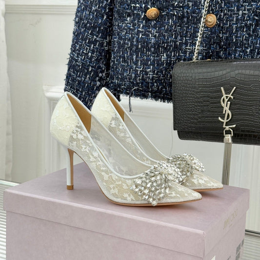JC25WF Rhinestone Bow Pionted Toe High Heels 85 White Sheepskin 573539