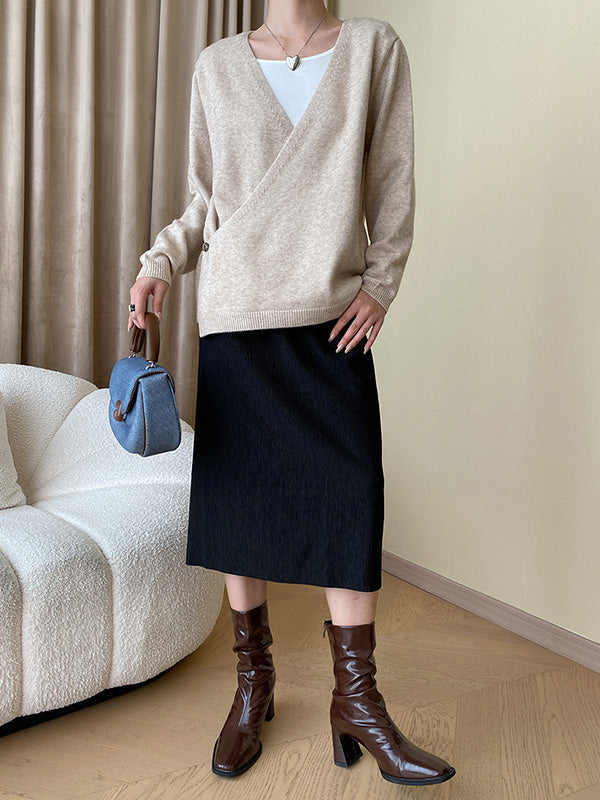 Long Sleeves Loose Asymmetric Buttoned V-Neck Cardigan Tops
