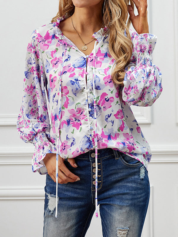 Flared Sleeves Long Sleeves Buttoned Elasticity Hollow Printed Tied V-Neck Blouses&Shirts Tops