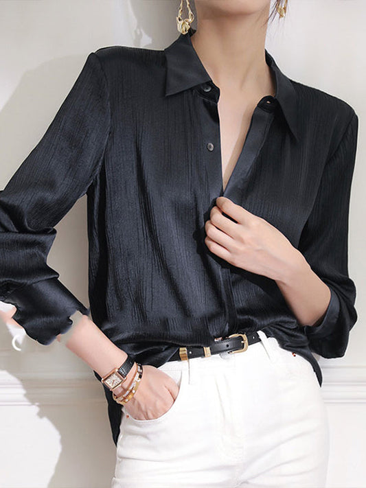 Solid Color Pleated Comfort Buttoned Long Sleeves Lapel Blouses