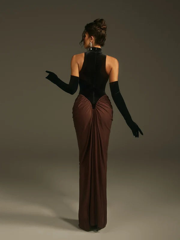 Lenore Halterneck Velvet Maxi Dress With Gloves