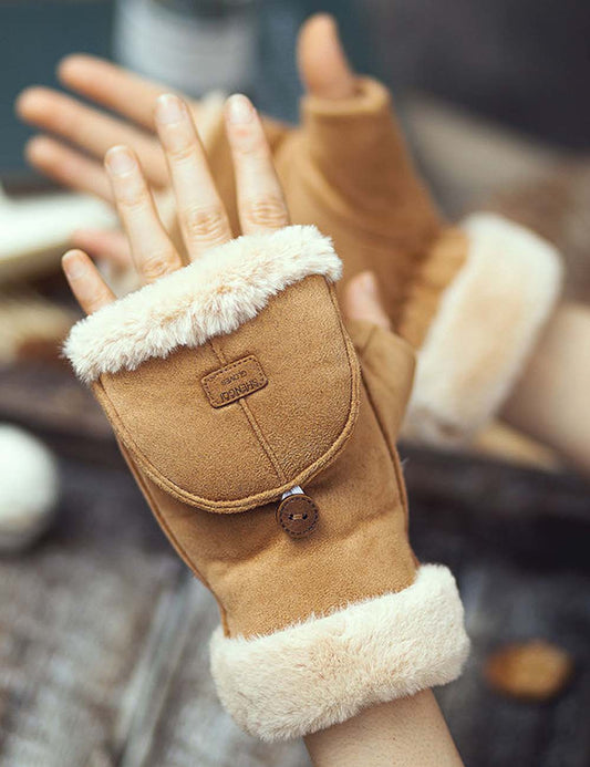 Winter Suede Convertible Thermal Fingerless Mittens Gloves
