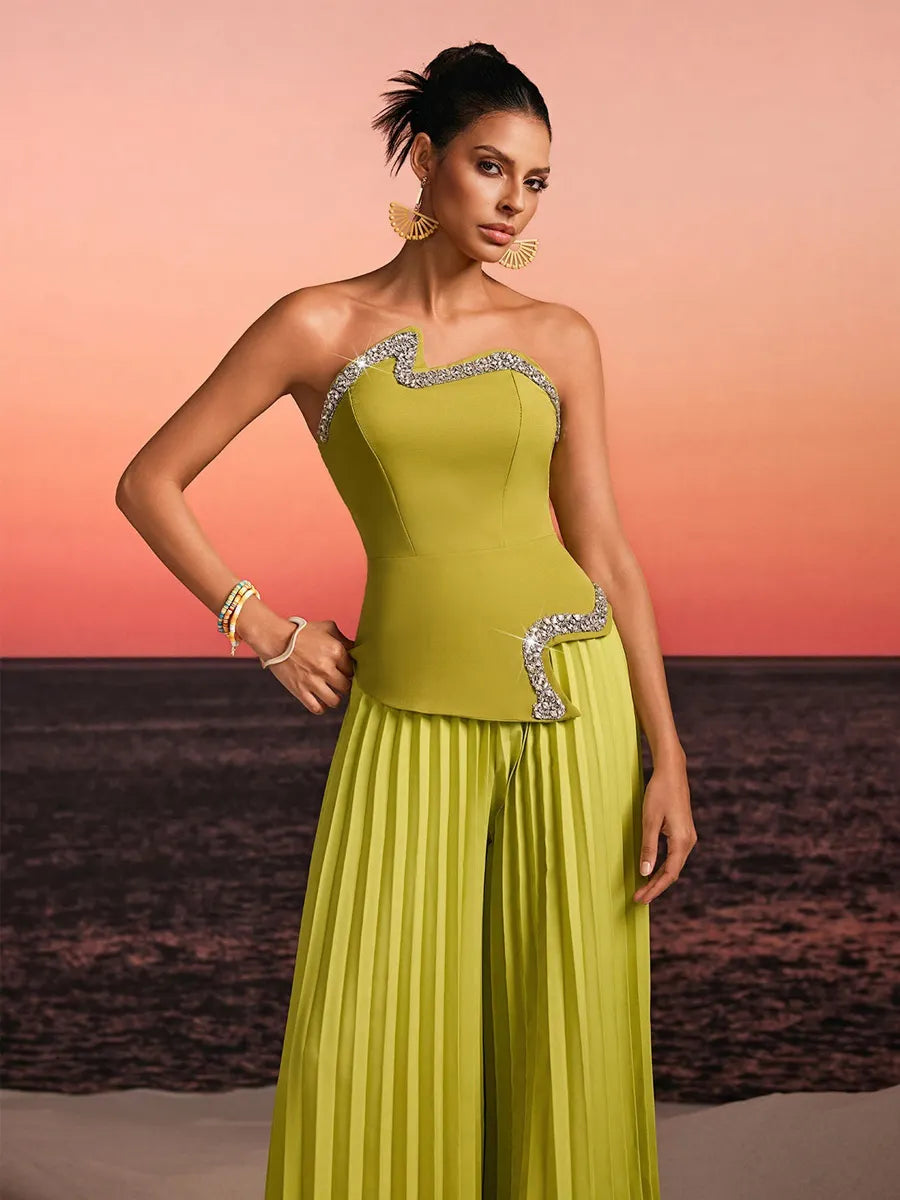 Persephone Strapless Crystal Pleated Pants Set In Green
