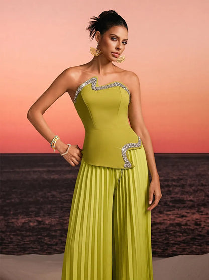 Persephone Strapless Crystal Pleated Pants Set In Green