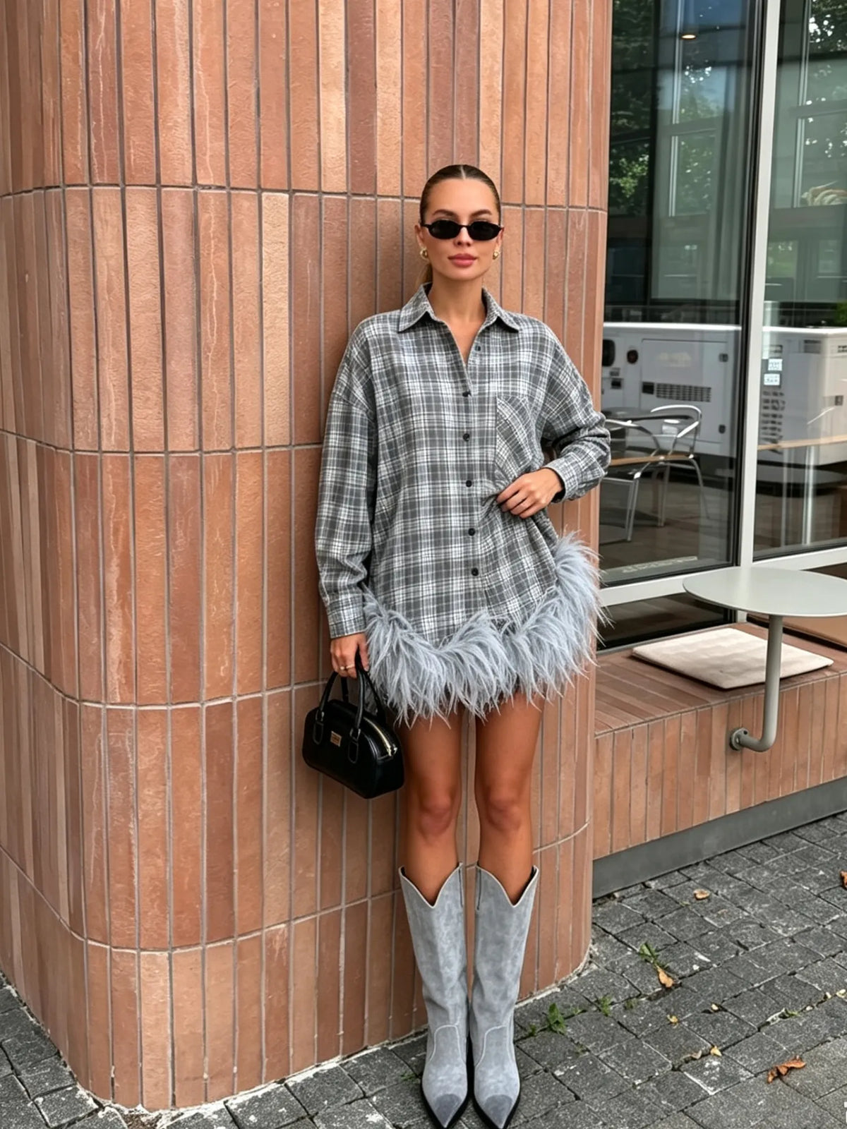 Kaelin Plaid Feather Trim Mini Shirt Dress In Grey