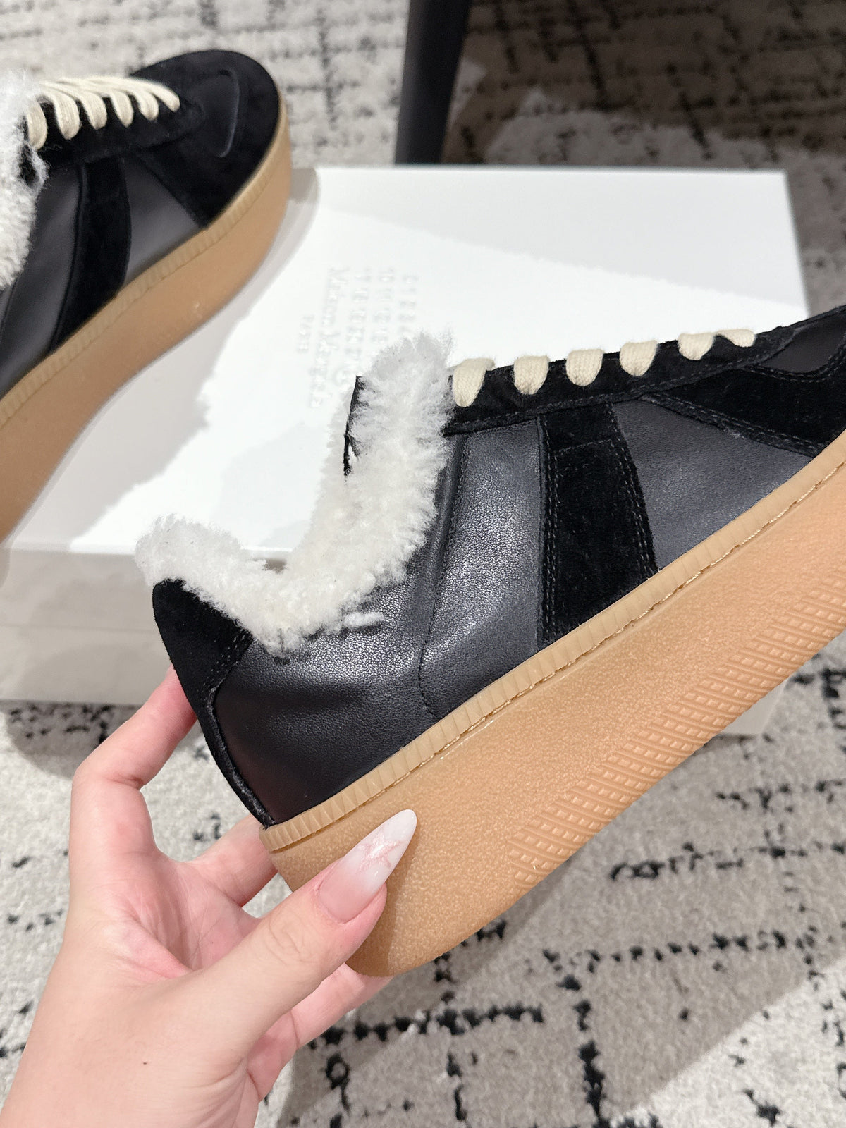 MM Platform German Training Shoes 50mm Black Suede Sheepskin Fur 558418