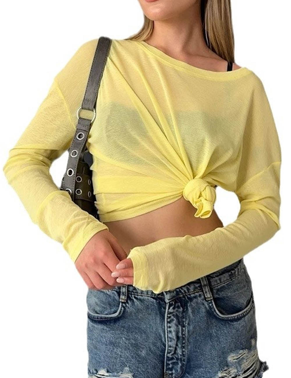 Sexy Sheer Round Neck Long Sleeve Top