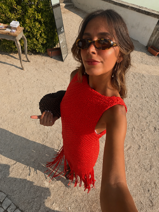 Liora Sleeveless Fringe Midi Dress In Orange