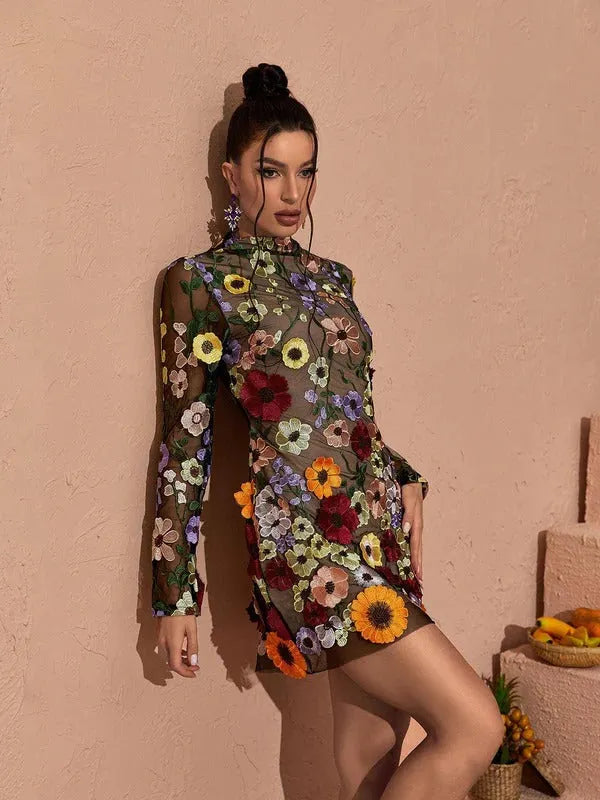 Saige Long Sleeve Mesh Flower Mini Dress