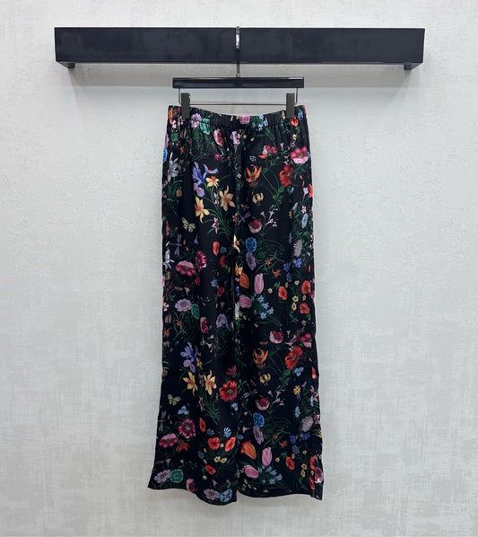 GG SS26 Printed Straight Leg Trousers Black Multicolor Silk 351694