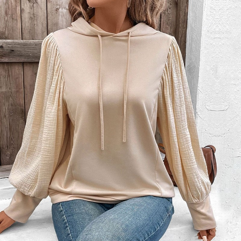 Solid Color Hooded Sweatshirt With Bubble Sleeves
