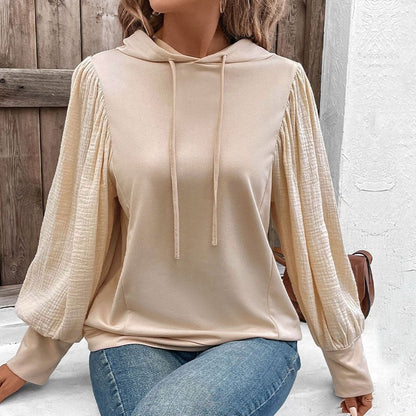 Solid Color Hooded Sweatshirt With Bubble Sleeves