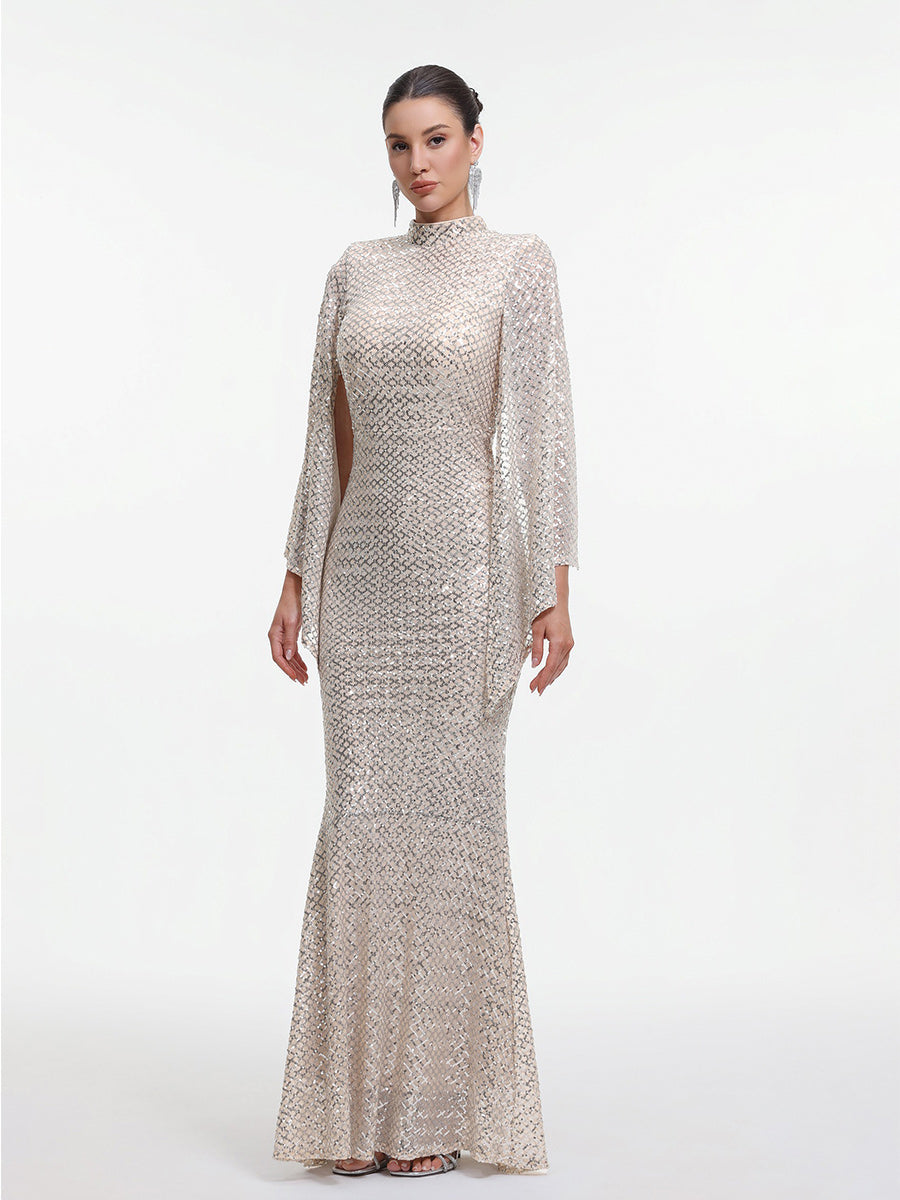 Marcella Contour Cape Sleeve Sequin Maxi Dress