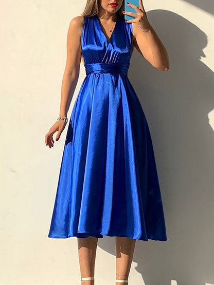 Solid Color Bandage Sleeveless Elegant Satin Midi Dresses