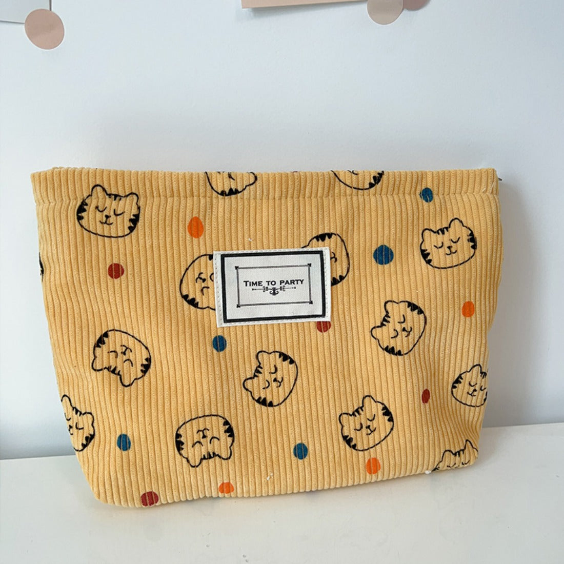 Cosbai - Corduroy Cat and Polka Dot Print Makeup Bag