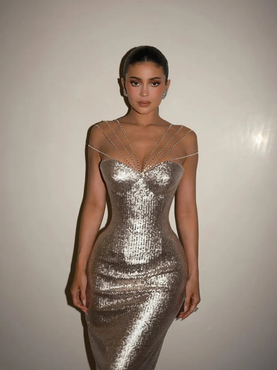 Brinley Sequined Maxi Dress In Silver