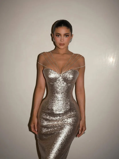 Brinley Sequined Maxi Dress In Silver