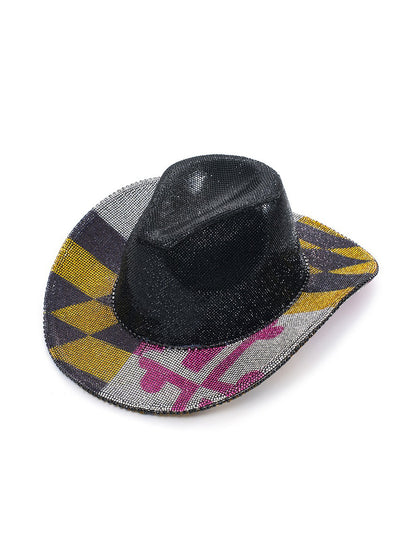 Leilani Color-Block Denim Hat with Rhinestone Embellishments
