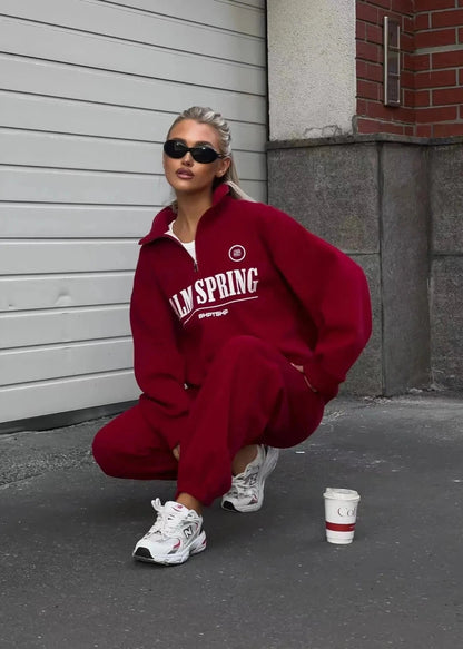 Letter Print Zip Up Sweater Set In Cozy Fabric