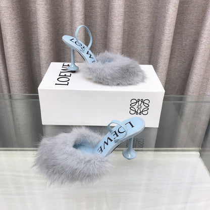 Loewe 25SS Fur-lined Mule 100 Blue in Fox Fur 597444