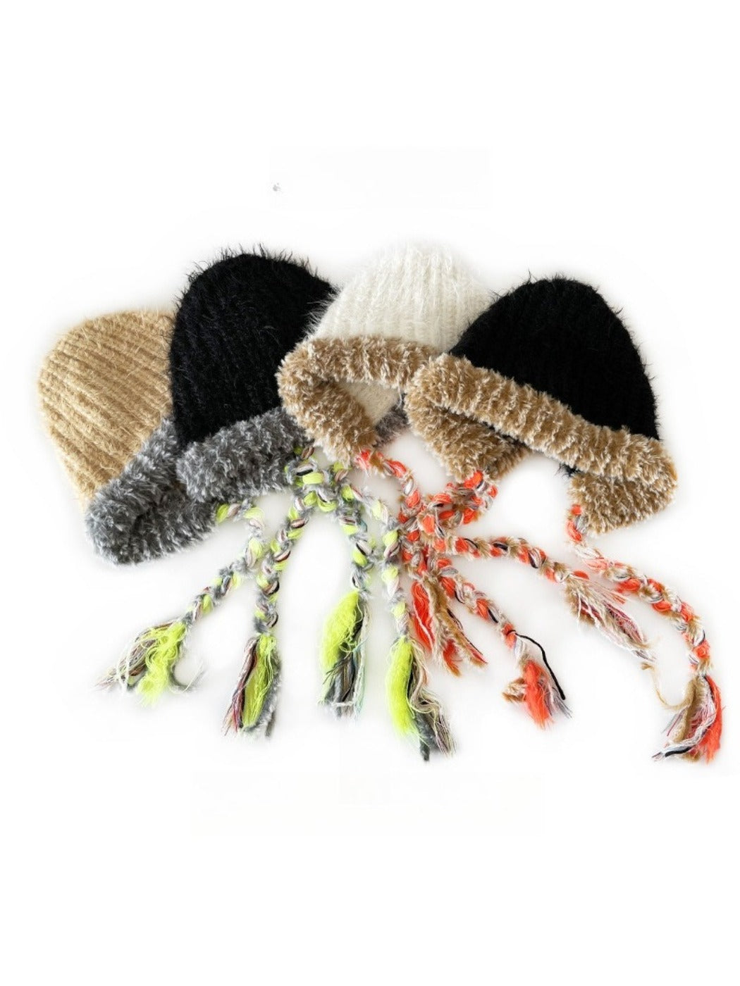Haila - Winter Color Block Knitted Beanie with Tassel Braids