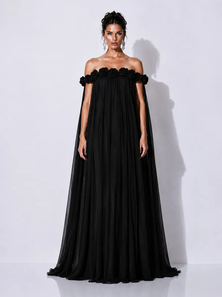Grace 3D Floral Pleated Off-Shoulder Maxi Dress