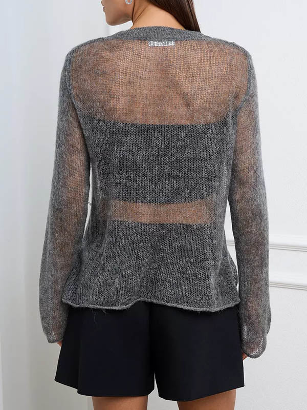 Long Sleeves Loose See-Through Solid Color Round-Neck Sweater Tops