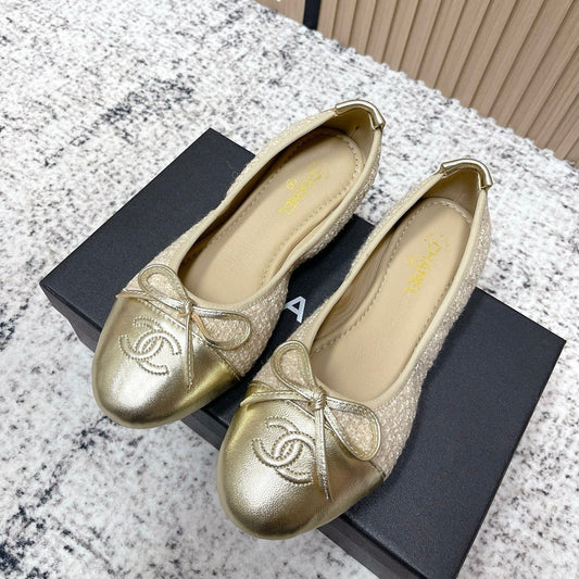 Chanel 26SS Ballet Flats Shoes Gold Metallic in Lambskin with Fabric 591396