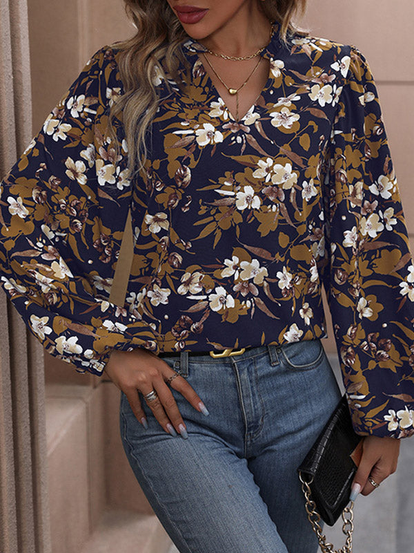 Long Sleeves Loose Flower Print V-Neck Blouses&Shirts Tops