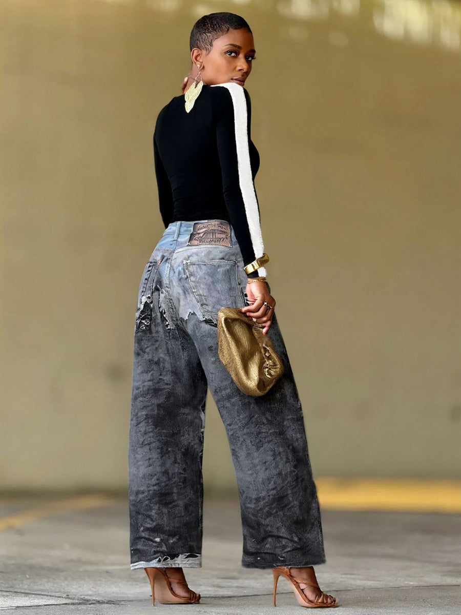 Chiara Distressed Faux Two-Piece 3D Printed Jeans