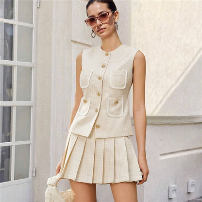 Sleeveless Vest Pleated Skirt Set