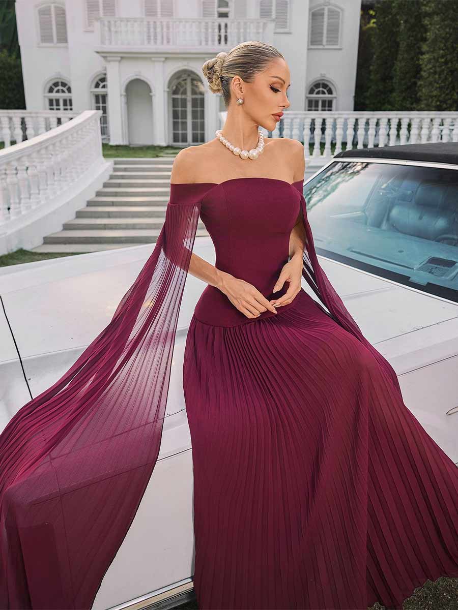 Clara Off Shoulder Pleated Maxi Dress