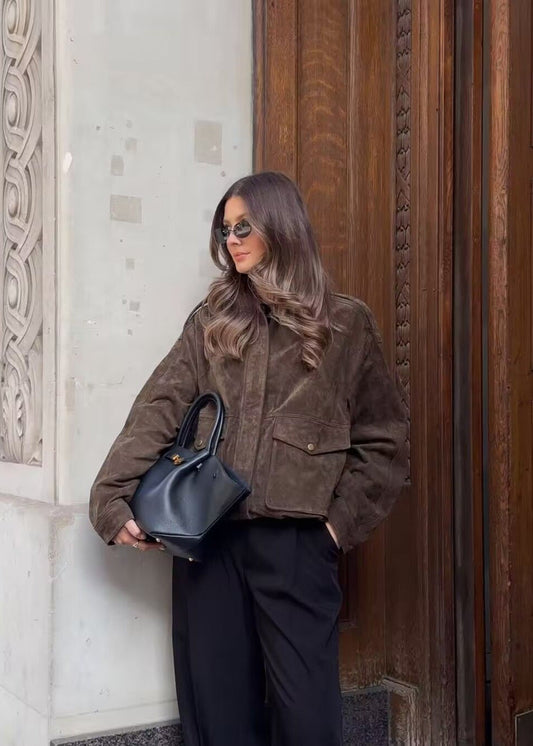 Suede Effect Oversized Jacket With Front Pockets