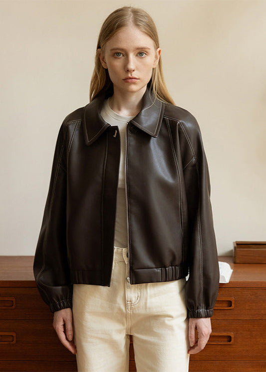 Faux Leather Bomber Jacket With Oversized Collar