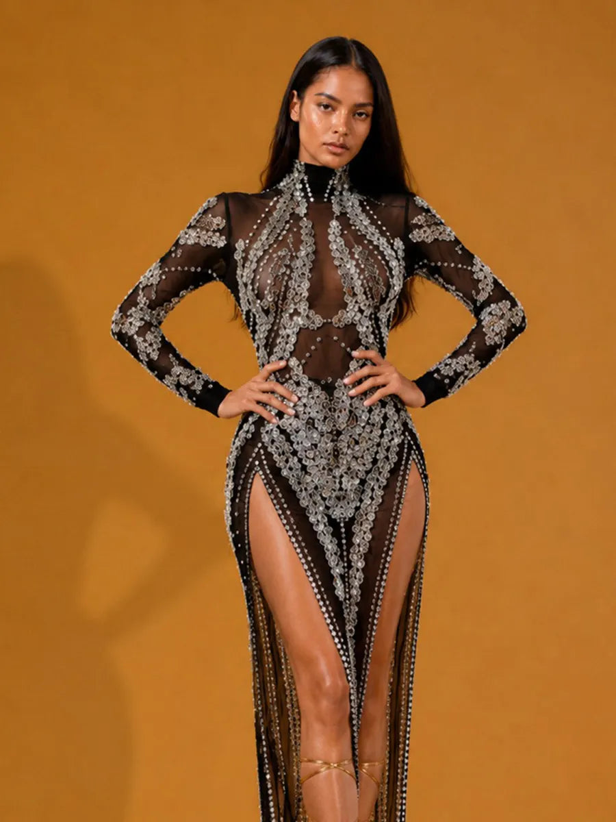 Jazlyn Rhinestone & Sequin Mesh Long-Sleeve Maxi Dress In Black