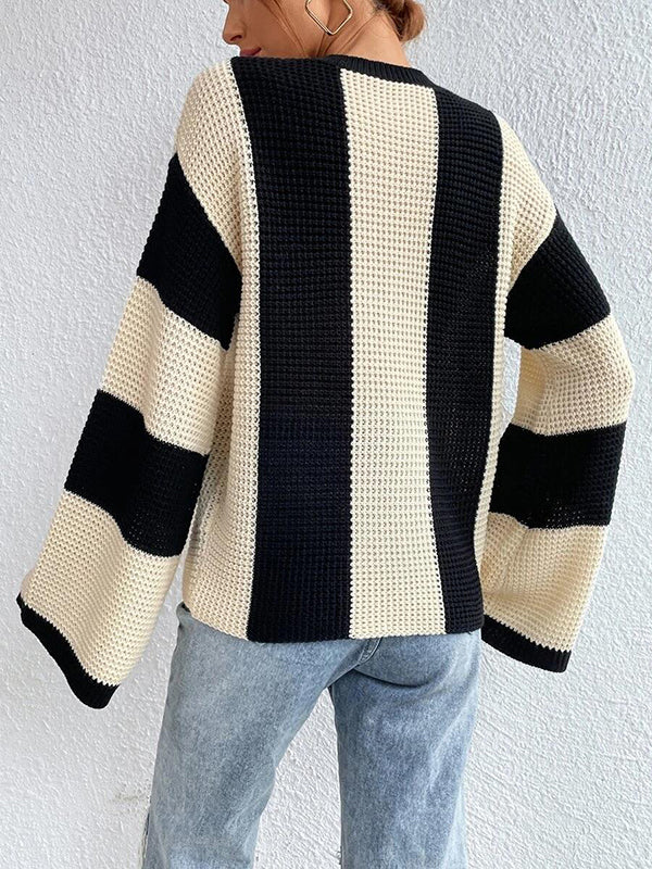 Flared Sleeves Long Sleeves Contrast Color Round-Neck Knitwear Pullovers Sweater Tops