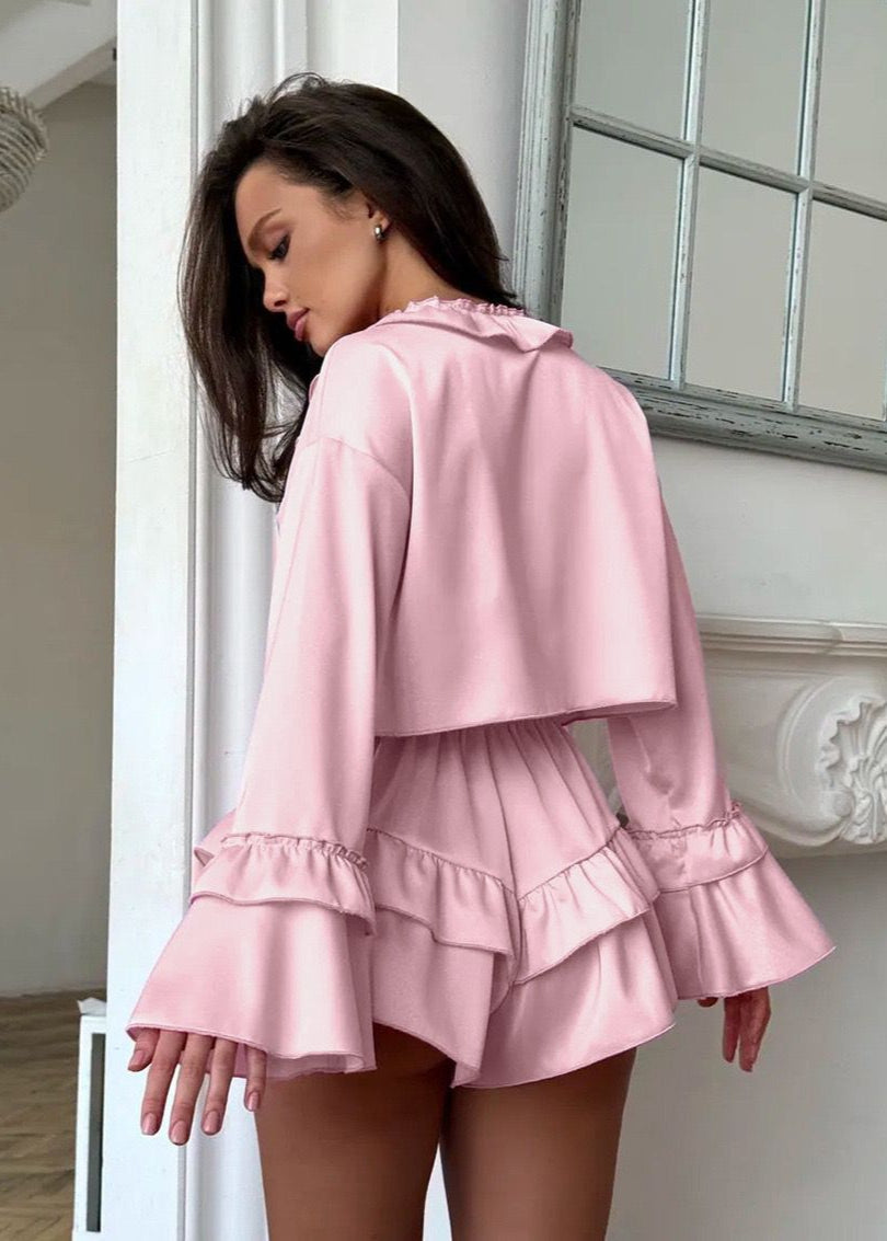 Long Sleeve Top and Shorts Set With Ruffle Trim