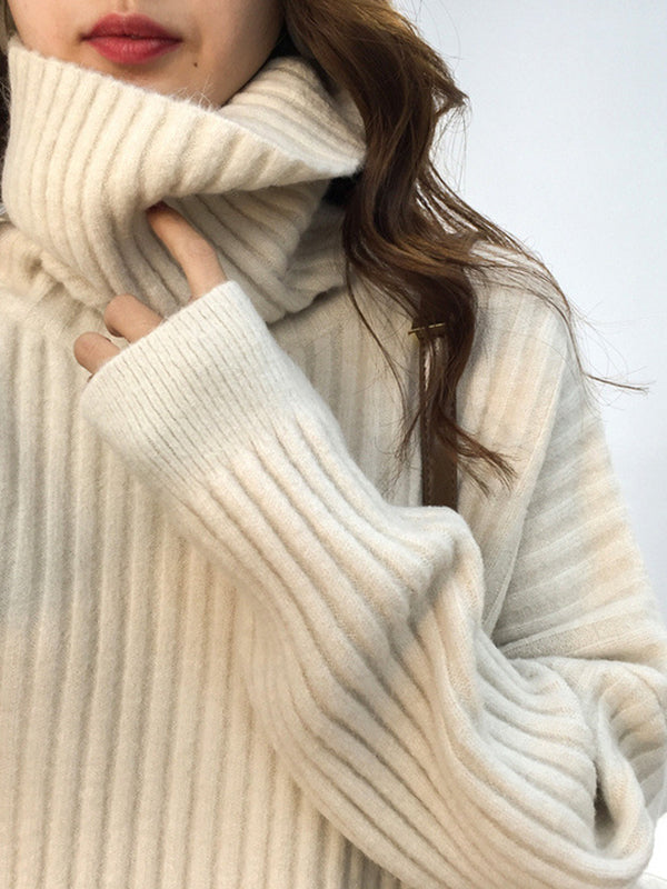 Casual Long Sleeves Loose Solid Color High-Neck Sweater Tops