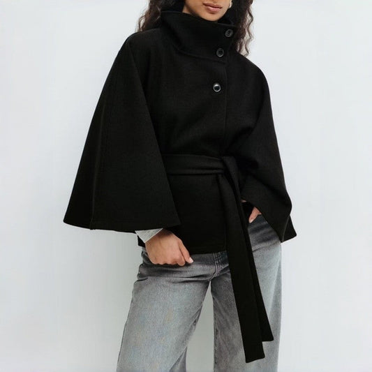 Stand Collar Button Belt Trench Coat Polyester