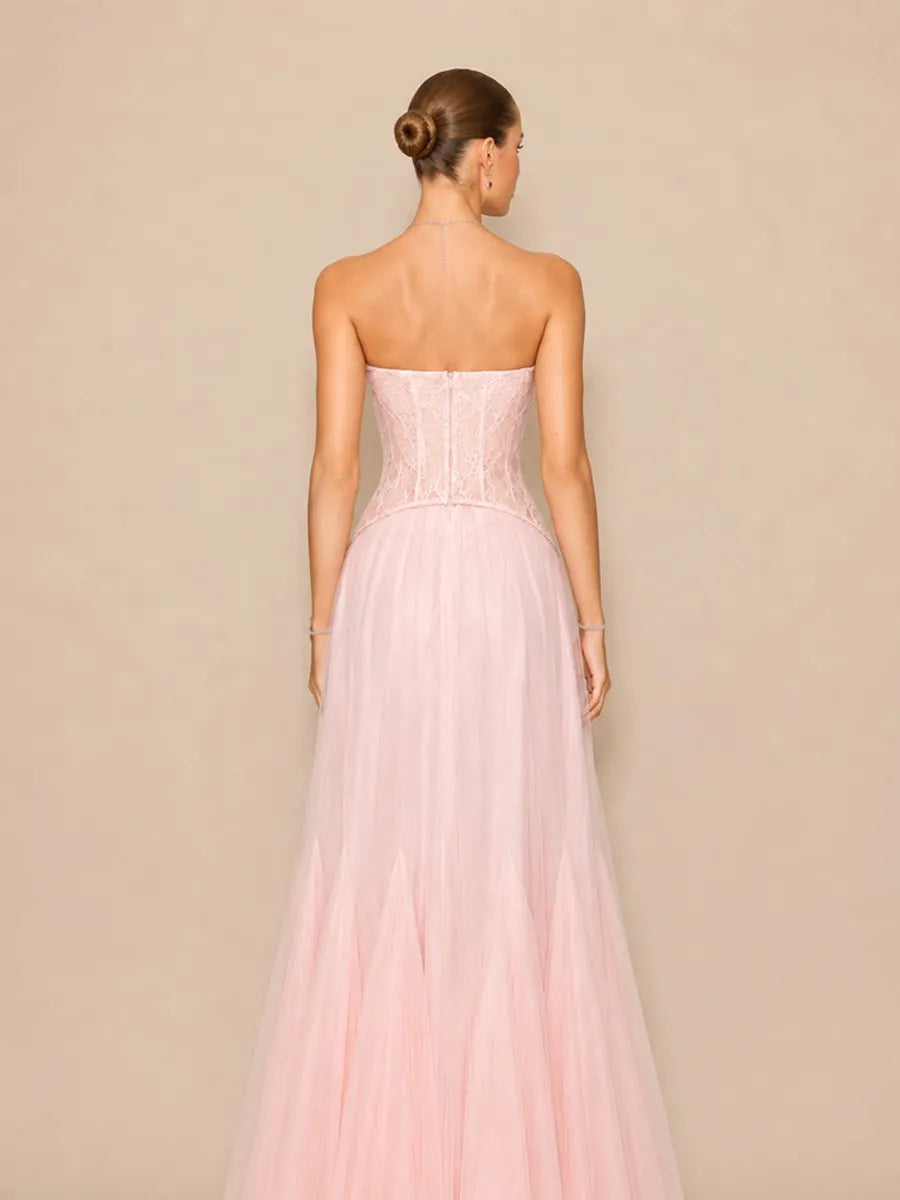 Alaya Romantic Contour Strapless Lace Tulle Maxi Dress