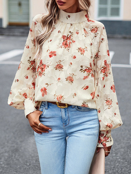 Long Sleeves Loose Flower Print Tied Mock Neck Blouses&Shirts Tops