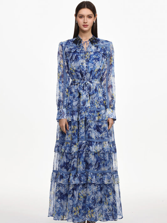Hazel Flowy Long Sleeve Ruffle Floral Print Maxi Dress