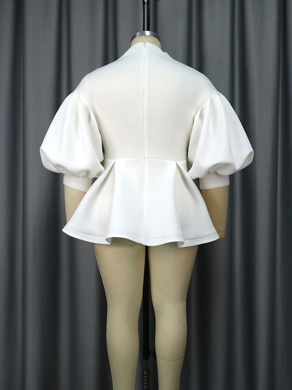 Half Sleeves Loose Asymmetric Embroidered Pleated Split-Joint Deep V-Neck Blouses&Shirts Tops