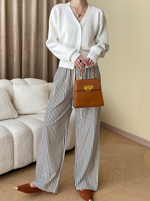 High Waisted Wide Leg Contrast Color Elasticity Split-Joint Striped Pants Trousers