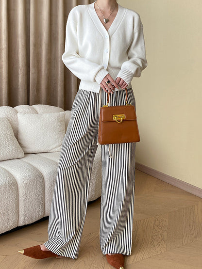 High Waisted Wide Leg Contrast Color Elasticity Split-Joint Striped Pants Trousers