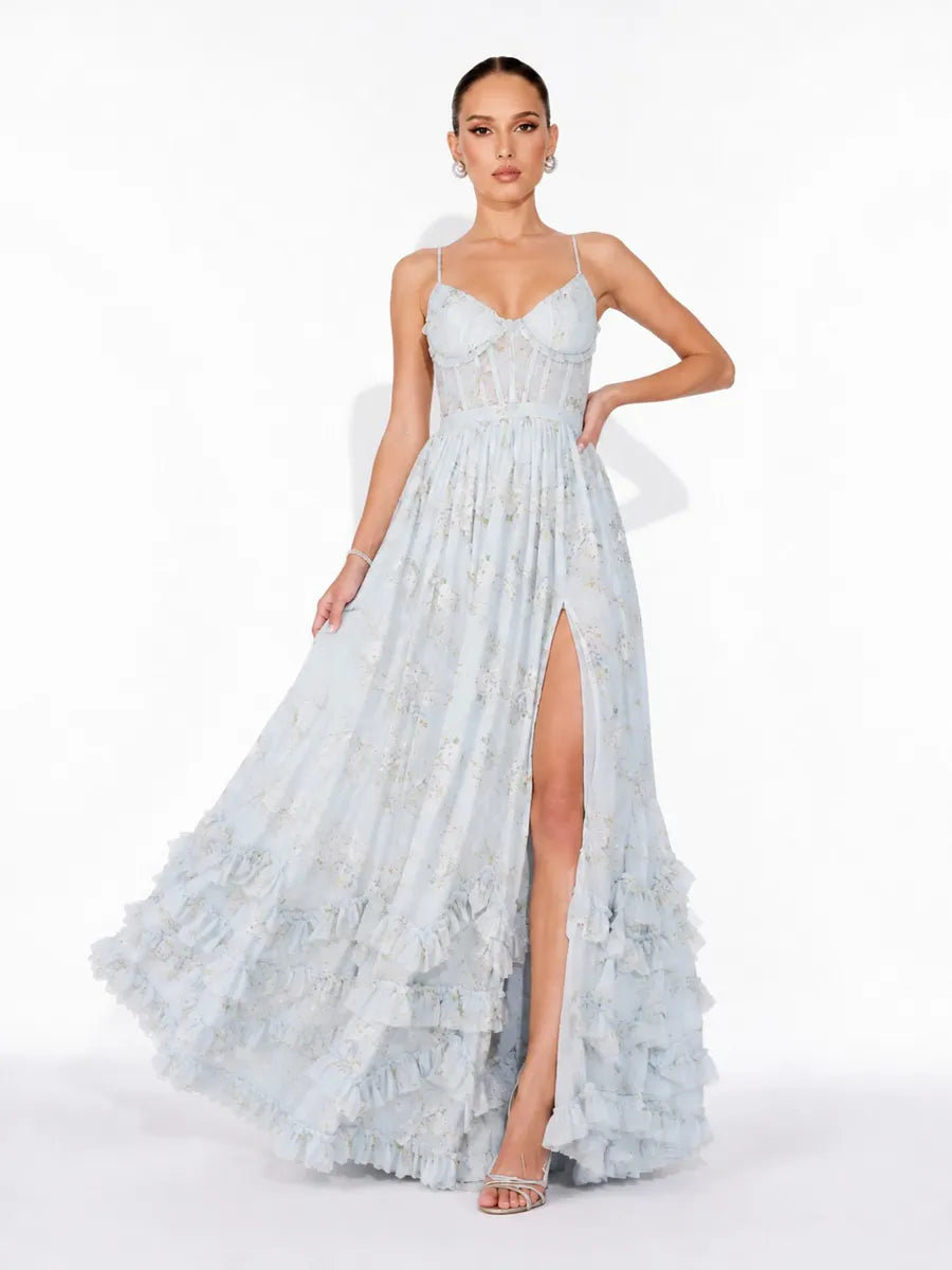 Annabel Ruffled Slit Maxi Dress In Blue