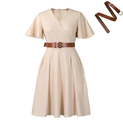 V-Neck Flared Sleeve A-Line Dress