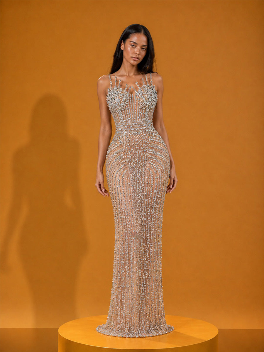 Jocelyn Elegant Strapless Sparkling Rhinestone Maxi Dress In Silver