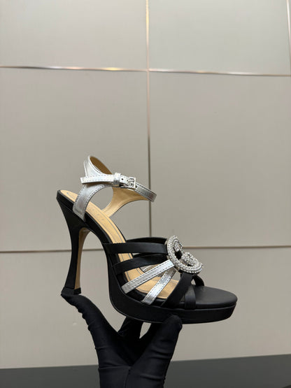 GG Pump 10.5cm With Crystal Interlocking G Black Sliver Leather