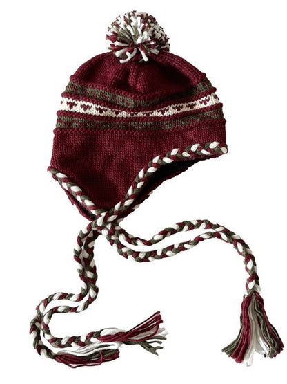Haila - Color-blocking Beanie with Pom-pom and Braid